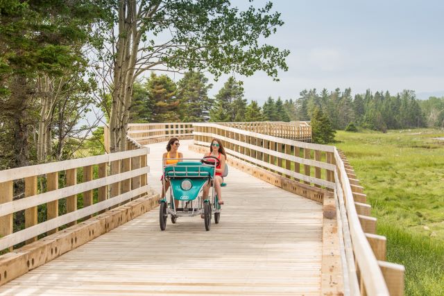 Two visitors ride a quadridycle over a wooden footbridge 