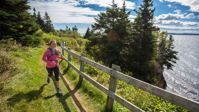 A woman runs on a trail along the shore. 