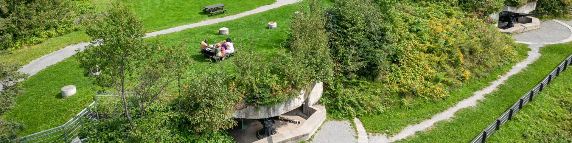 Vue aérienne de deux casemates avec des canons. 