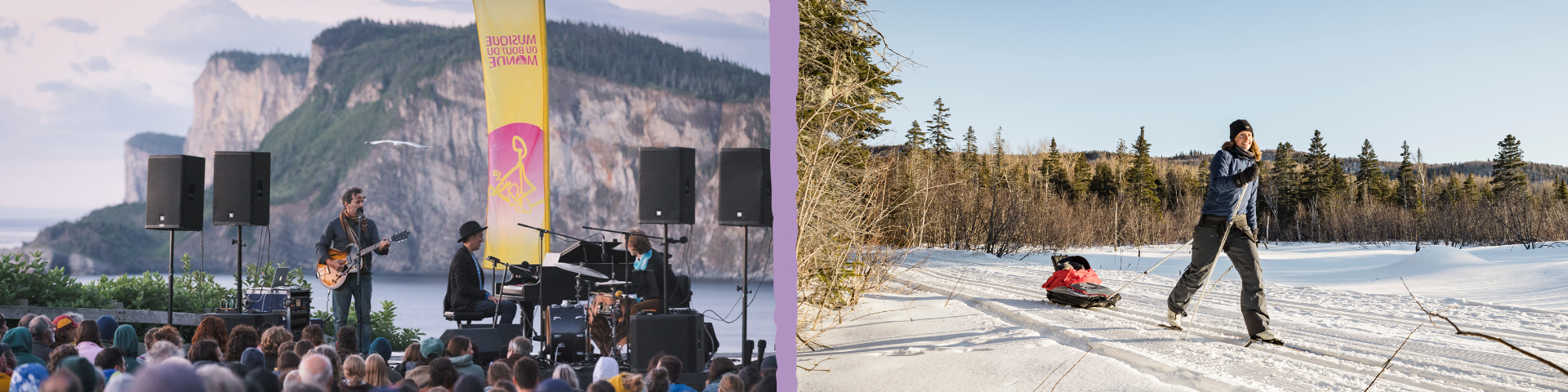 Montage photo où l'on voit, à gauche, un guitariste sur scène devant le Cap-Bon-Ami et, à droite, une jeune femme qui fait du ski de fond en tirant un traineau. 