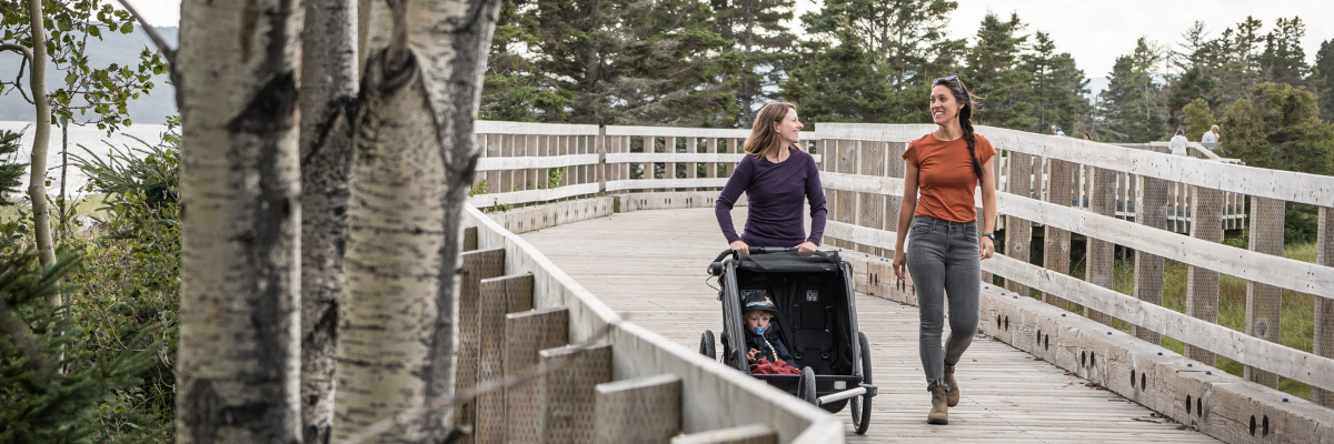 A woman pushing a baby stroller is walking with her friend on a wooden boardwalk.