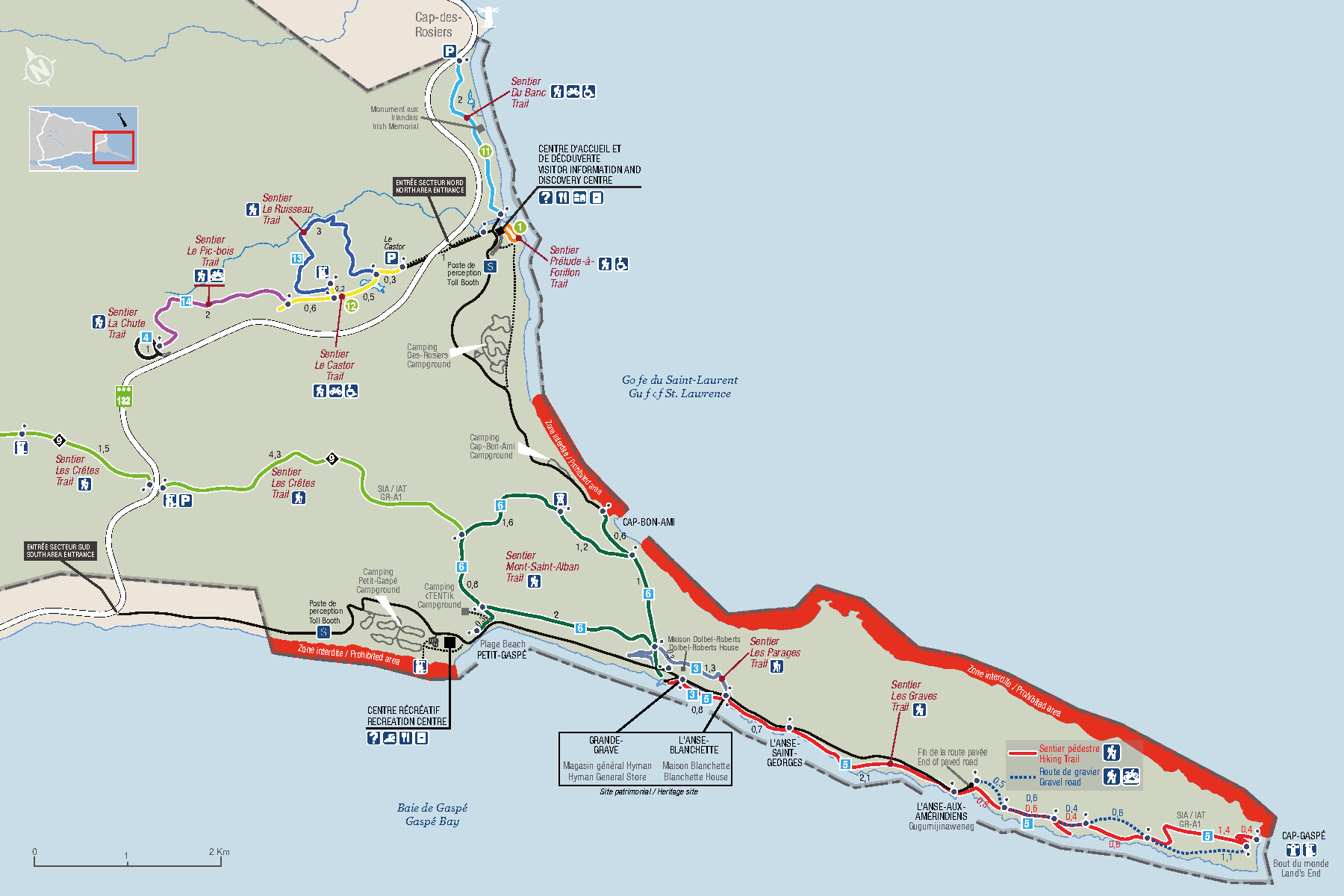 Map of the North and South areas of Forillon National Park.