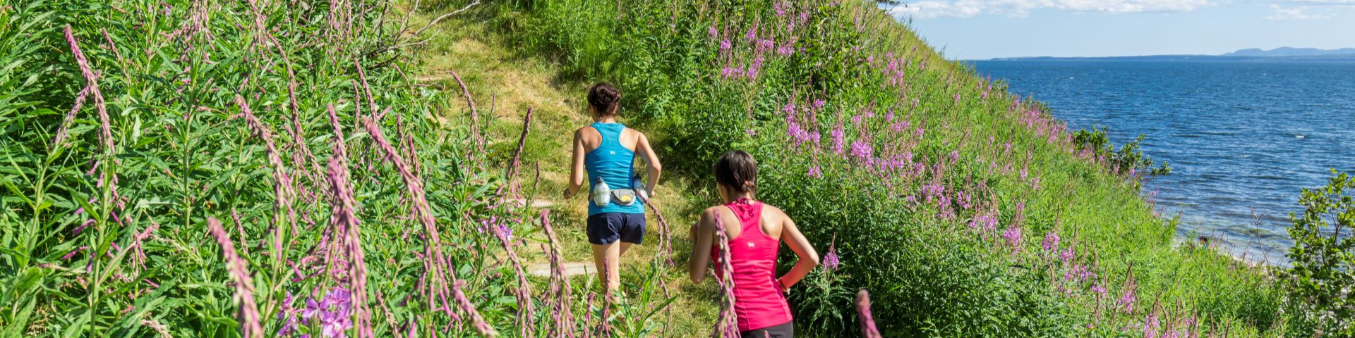 Two runners are going up on a trail among greenery nearby the sea. 