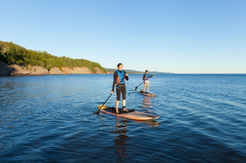 Two persons on a stand up paddle