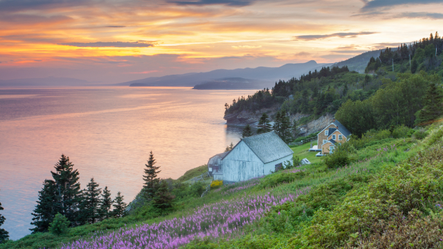 A group of heritage buildings on a hillside at sunset.