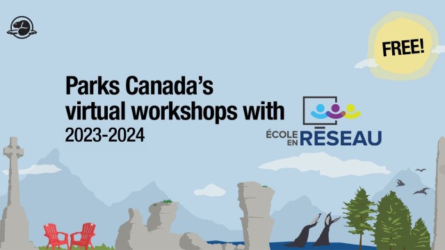 Infographic about Parks Canada's virtual workshops against the backdrop of a forest and mountain landscape.