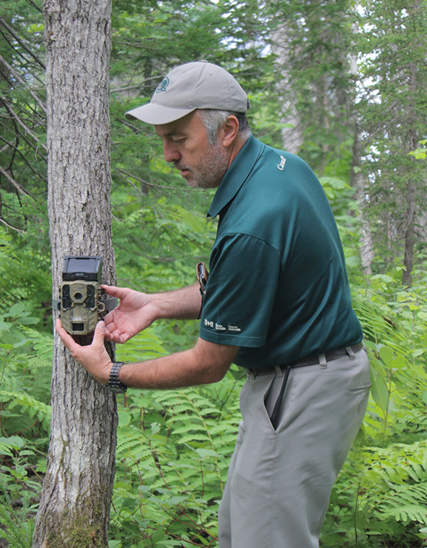 A person setting up a remote camera