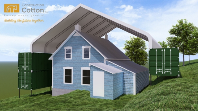 Drawing of a shelter covering a heritage building.