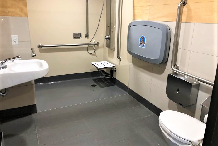 A toilet and shower accessible to people with reduced mobility in the same room of one of the service buildings at camping Des-Rosiers.