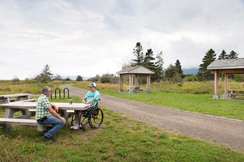 A man and his son in a wheelchair at a picnic table
