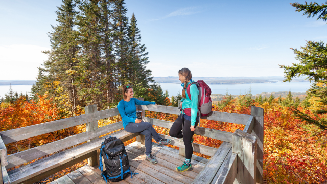 Two hikers are chatting at a lookout in autumn.  
