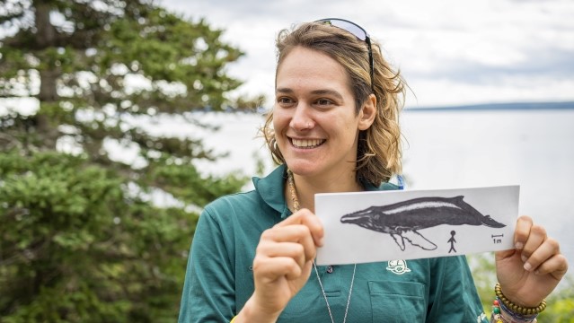 A Parks Canada employee shows a drawing of a humpback whale in front of the Gaspé Bay