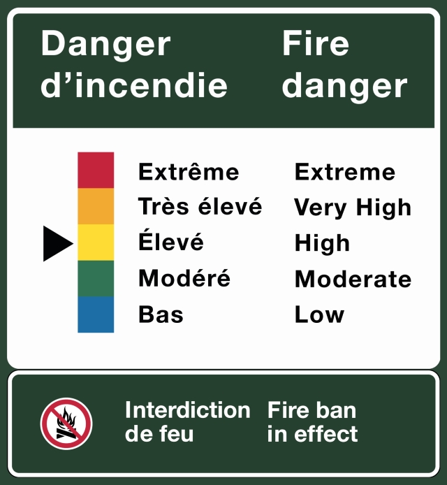 Affiche montrant les degrés de l'indice de feu, de bas à extrême.