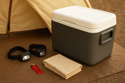 Une glacière, une serviette, un briquet et des lampes frontales sont installés au sol devant une tente.