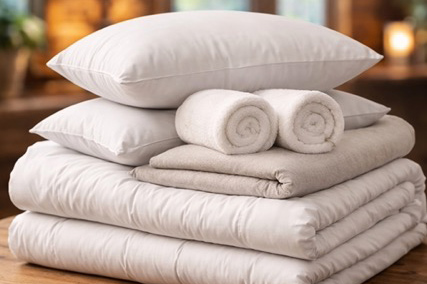 Des oreillers, des serviettes et des couvertures blanches sont pliées et empilées.