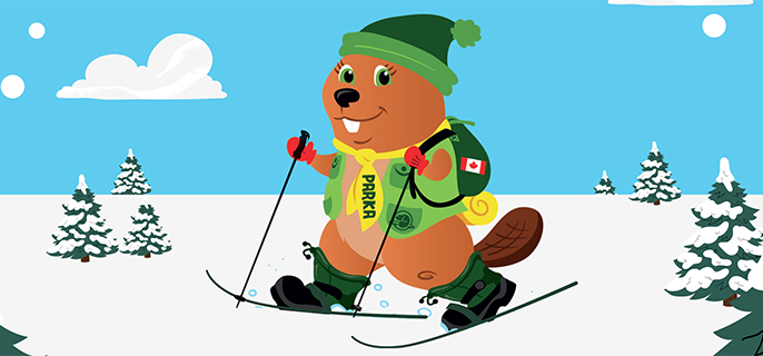 Poster featuring the Parka mascot cross-country skiing in the snow with information about the Learn-to Cross-Country Skiing activity. The written information indicates that several sessions for people of all ages will be held between 10 AM and 2 PM The price is $14.50, including taxes, ski equipment, and activity fees. The entrance fee still applies.  