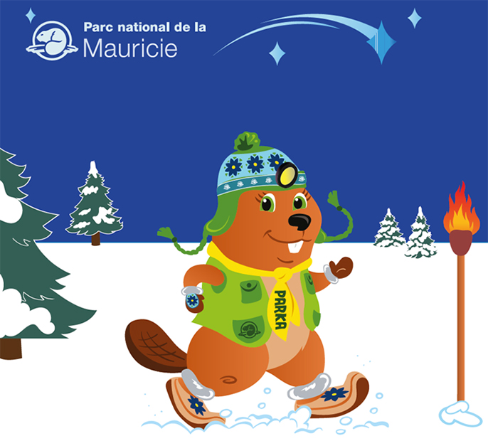Dessin montrant Parka, la mascotte de Parcs Canada, marchant sur la neige avec une tuque à pompon verte et bleue et une lampe frontale se dirigeant vers un flambeau allumé. En arrière-pays, on retrouve quelques arbres enneigés ainsi qu’un ciel étoilé. 