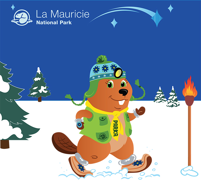 Drawing showing Parka, Parks Canada's mascot, walking on snow with a green and blue pom-pom toque and headlamp towards a lit torch. In the background, snow-covered trees and a starry sky.