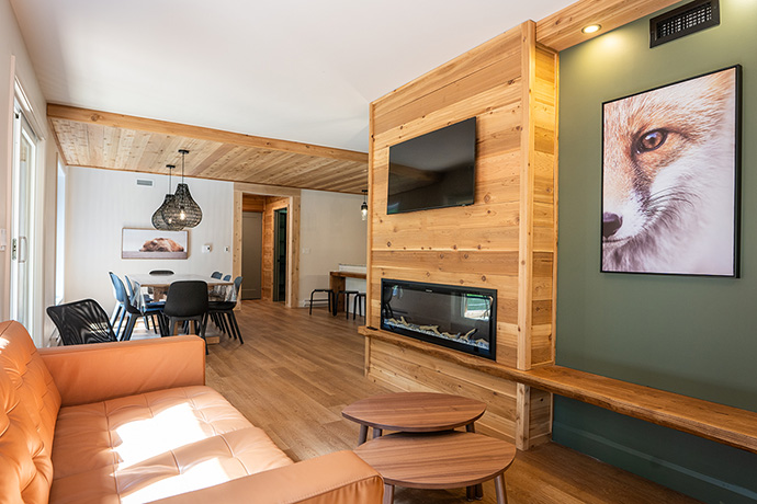 View of the living room with tv on the wall and a painting of a fox