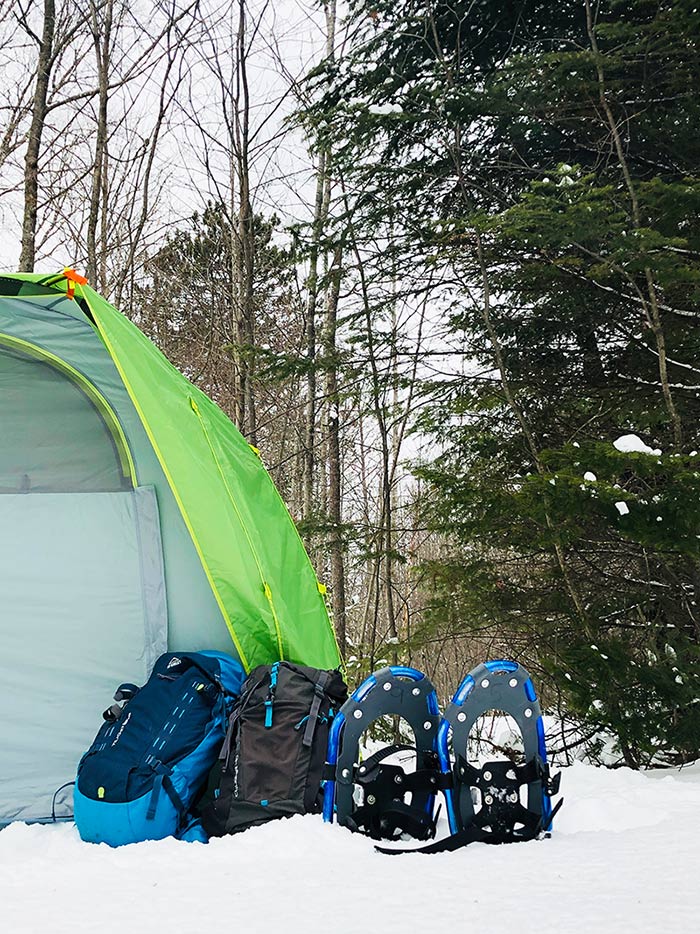 Dans un décor hivernal et à l’avant d’une grande tente verte, on retrouve deux sacs à dos. L’un des sacs est de couleur bleue, et l’autre de couleur noire. À côté des sacs, il y a une paire de raquettes bleue et noire enfoncée dans la neige. En arrière-plan, il y a des arbres sans feuilles à gauche et des conifères à gauche sous un ciel nuageux.