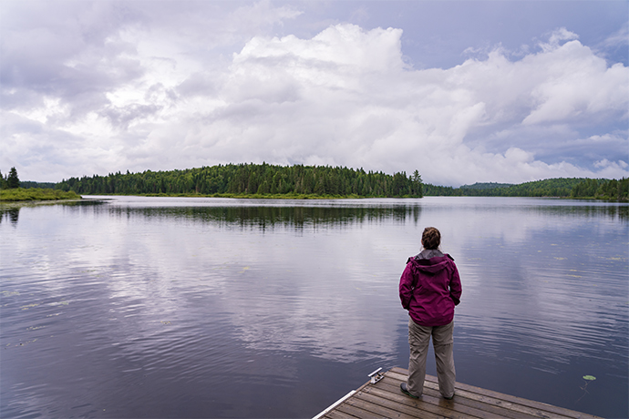 A person on a dock looks out over a lake and forest.