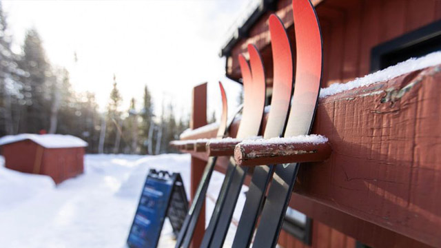 Cross-country skis rest on a rack near a building in a snow-covered forest.