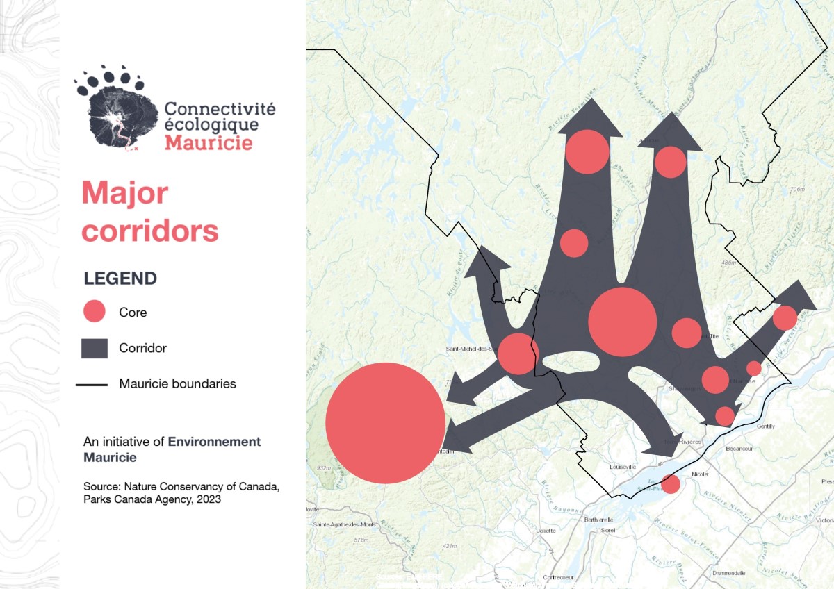 Map illustrating major wildlife movement corridors in the Mauricie region.