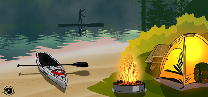 Illustration of a campsite on the edge of a lake with a paddle board on the beach and a figure standing on his paddle board offshore.