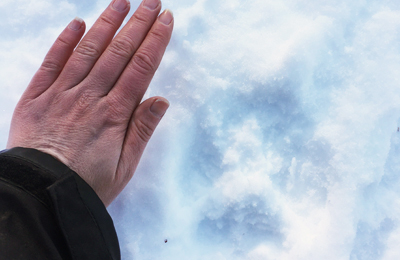 A hand next to a wolf track in the snow.