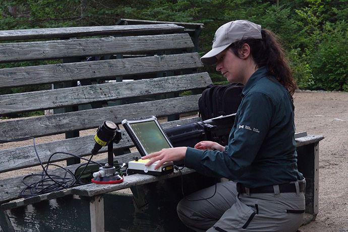 Une employée de Parcs Canada installe de l'équipement pour réaliser un inventaire de chauves-souris.