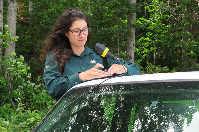 Une employée de Parcs Canada installe un détecteur d'ultrasons sur un véhicule.