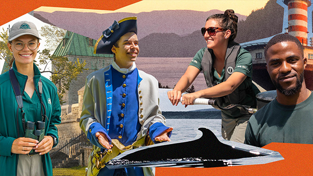 Des employés étudiants de Parcs Canada sont illustrés dans un collage de photos qui met aussi en vedette le fleuve et un rorqual.