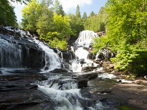 A waterfall on a sunny day.