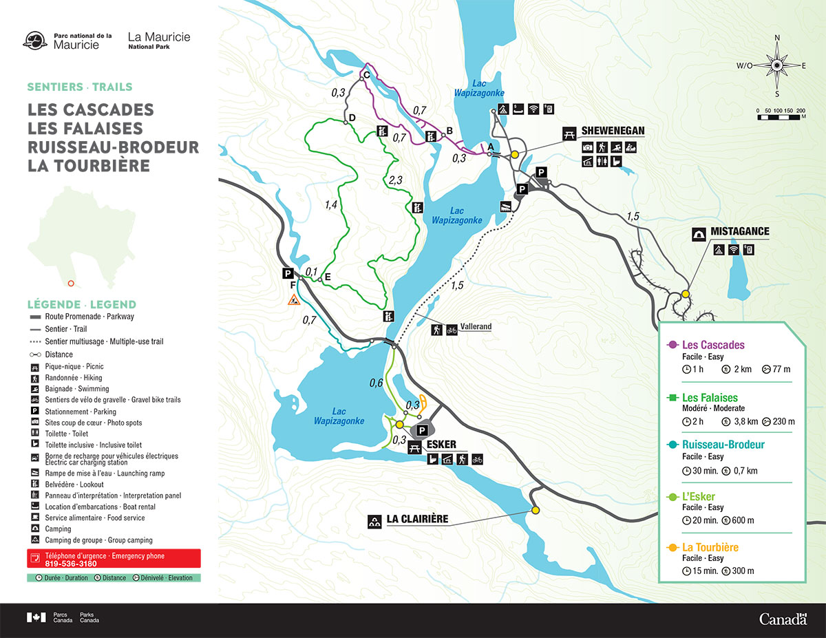 Les Cascades, Les Falaises, Ruisseau-Brodeur and La Tourbière trails map