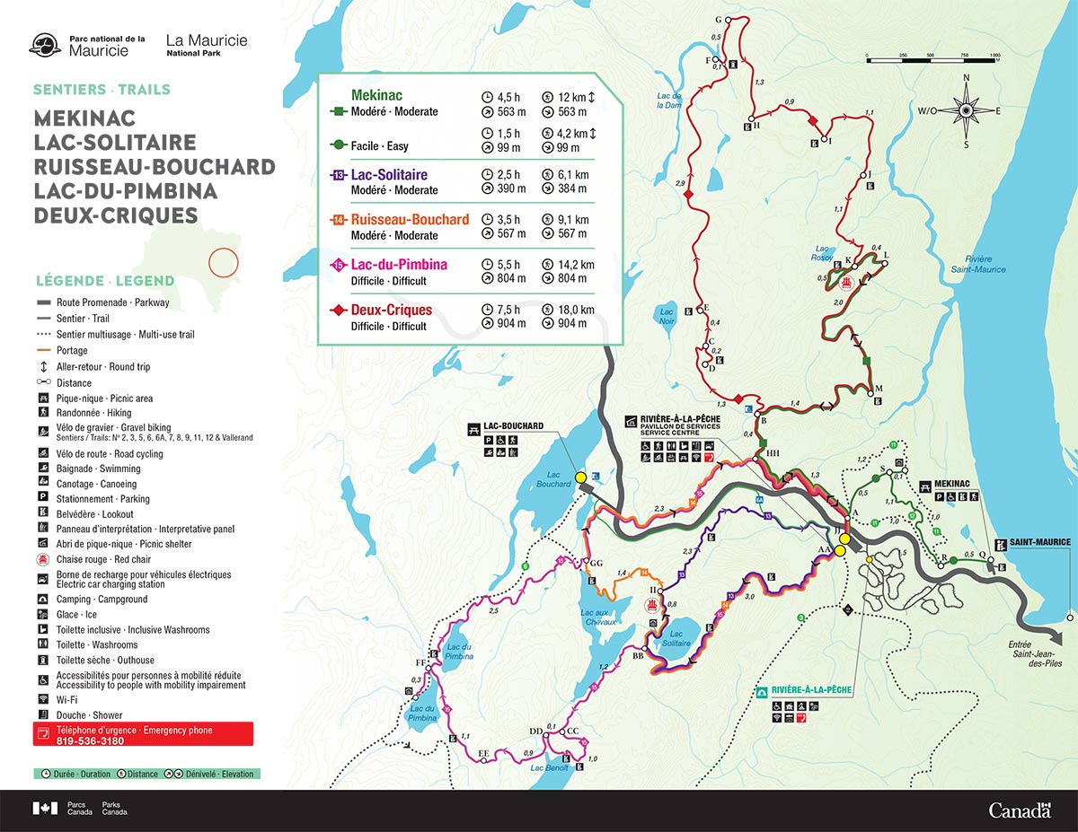 Carte des sentiers de Mekinac, Lac-Solitaire, Ruisseau-Bouchard, Lac-du-Pimbina et Deux-Criques