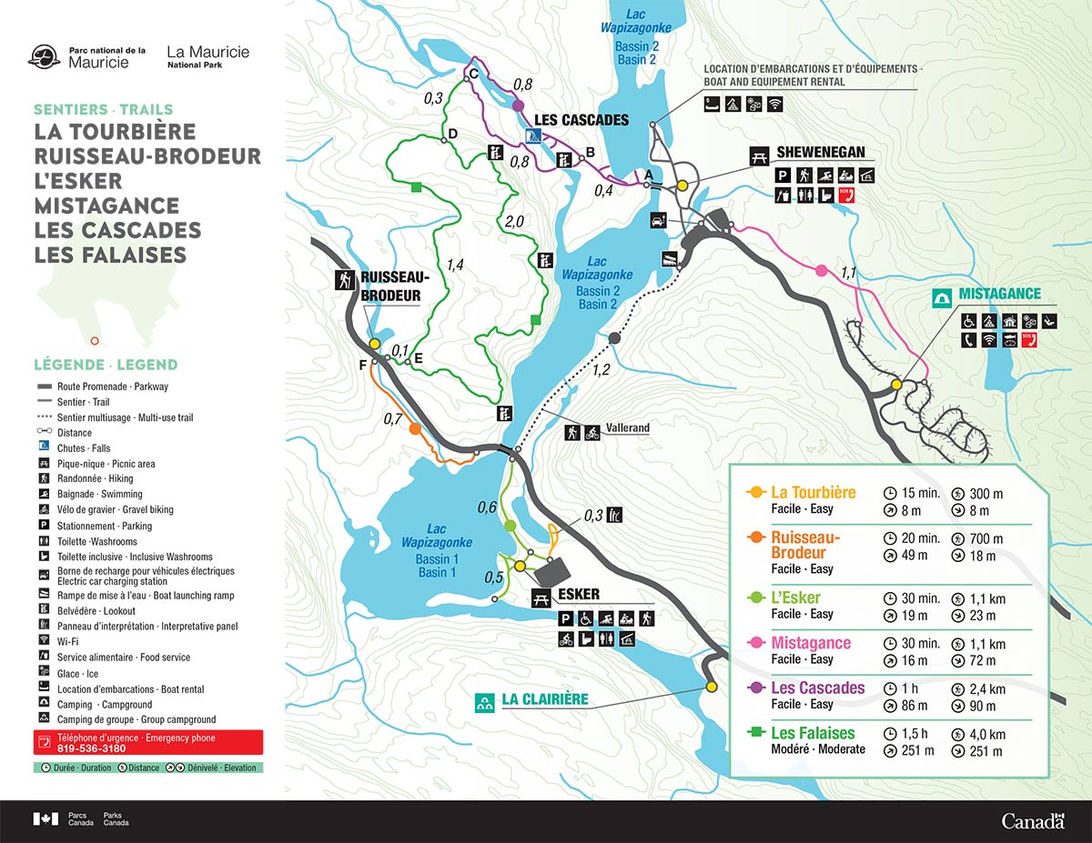 Carte des sentiers de La Tourbière, Ruisseau-Brodeur, L’Esker, Mistagance, Les Cascades et Les Falaises
