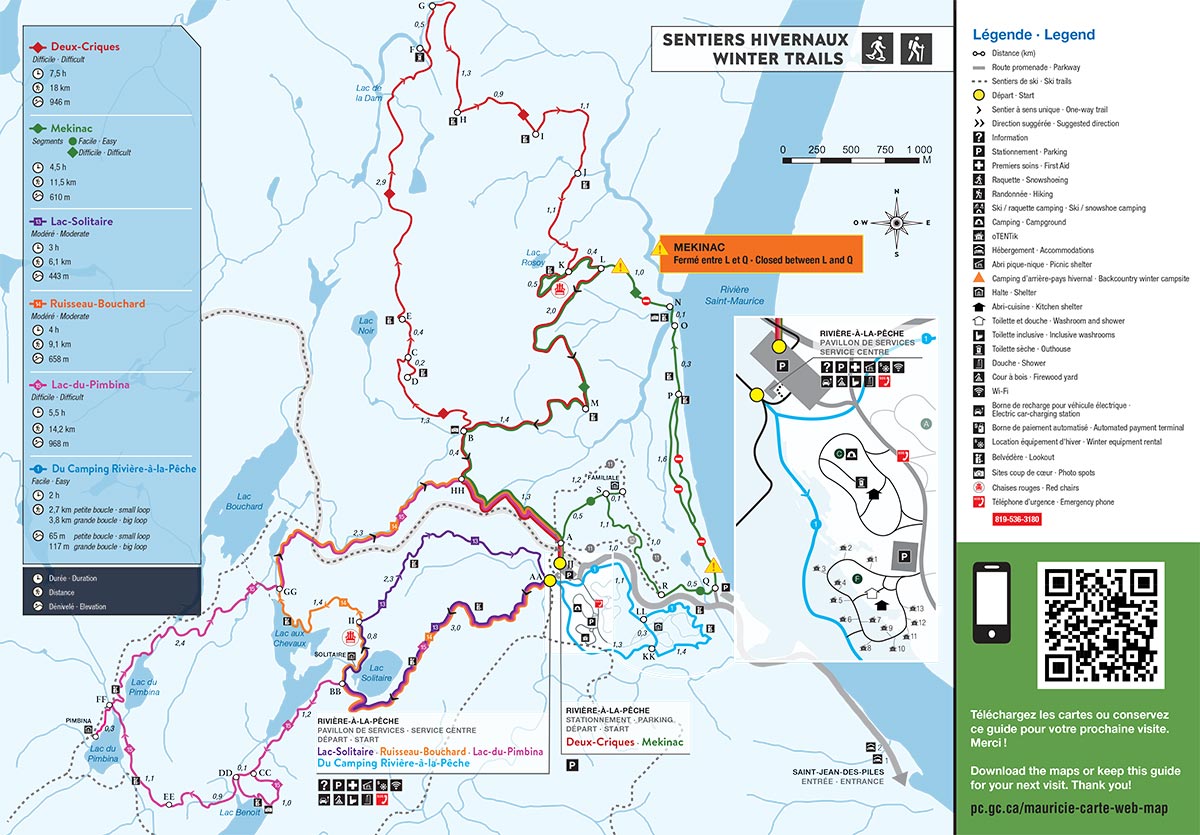 Map of the snowshoing trails: Du Camping, Lac-Solitaire, Ruisseau-Bouchard, Lac-du-Pimbina, Mekinac and Deux-Criques