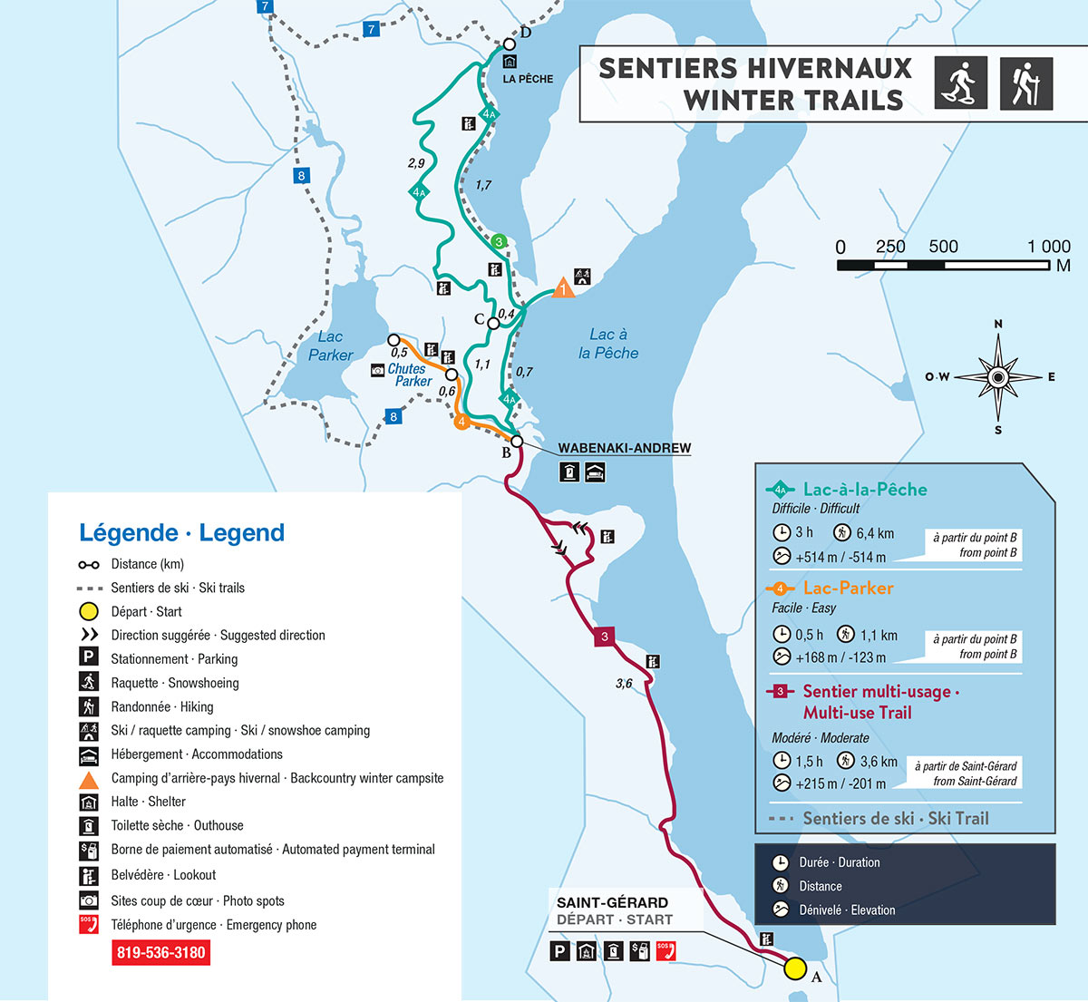 Lac-Parker and Lac-à-la-Pêche snowshoeing map