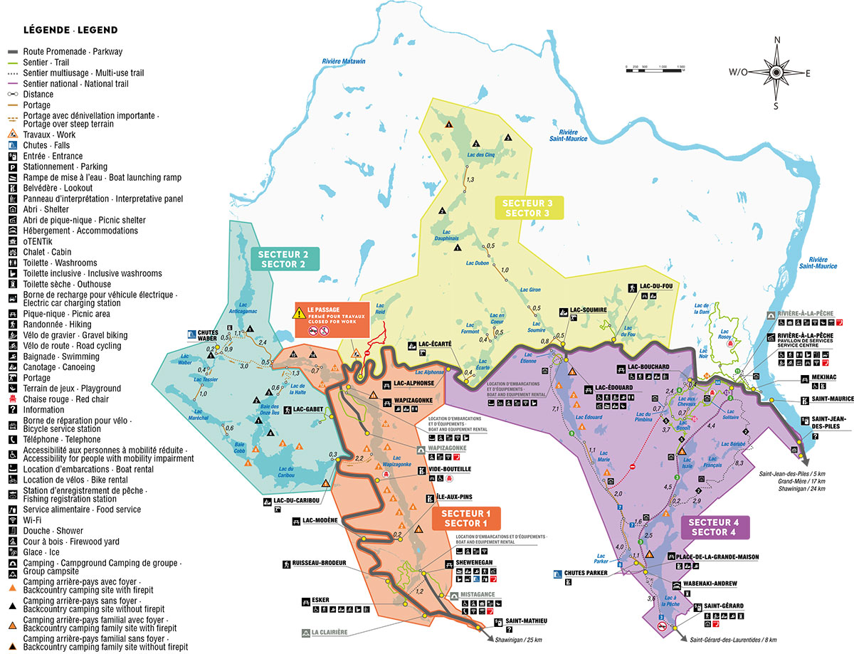 Carte des 4 secteurs de canot-camping
