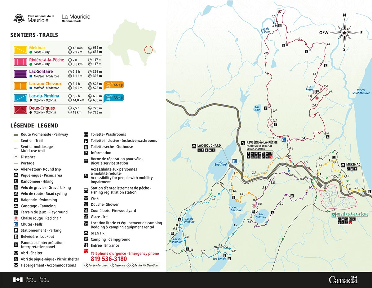 Carte des sentiers Mekinac, Rivière-à-la-Pêche, Lac-Solitaire, Lac-aux-Chevaux, Lac-du-Pimbina et Deux-Criques