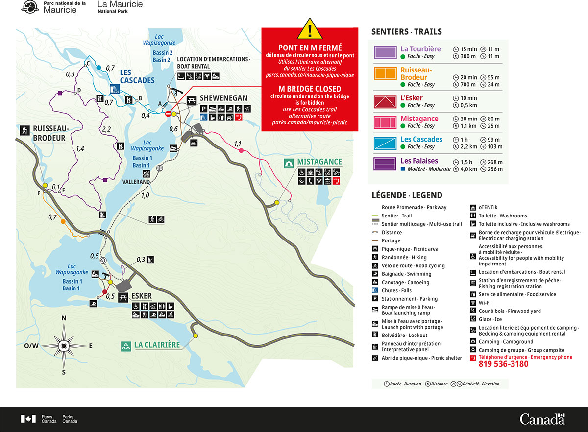 Carte des sentiers de La Tourbière, Ruisseau-Brodeur, L’Esker, Mistagance, Les Cascades et Les Falaises 