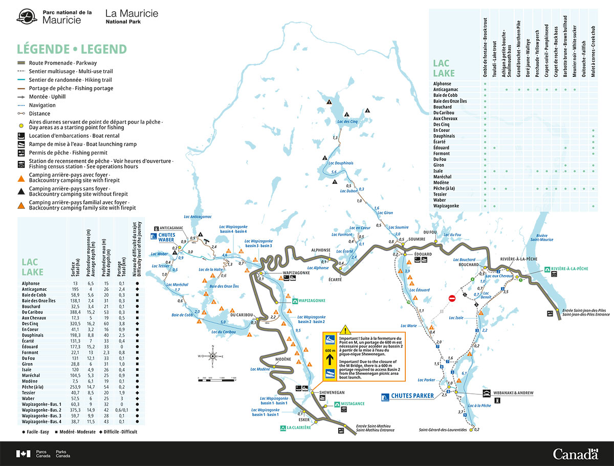 Carte des lacs de pêche et des portages