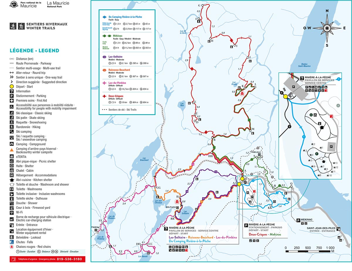 Carte des sentiers de raquette secteur Du Camping, Lac-Solitaire, Ruisseau-Bouchard, Lac-du-Pimbina, Mekinac et Deux-Criques