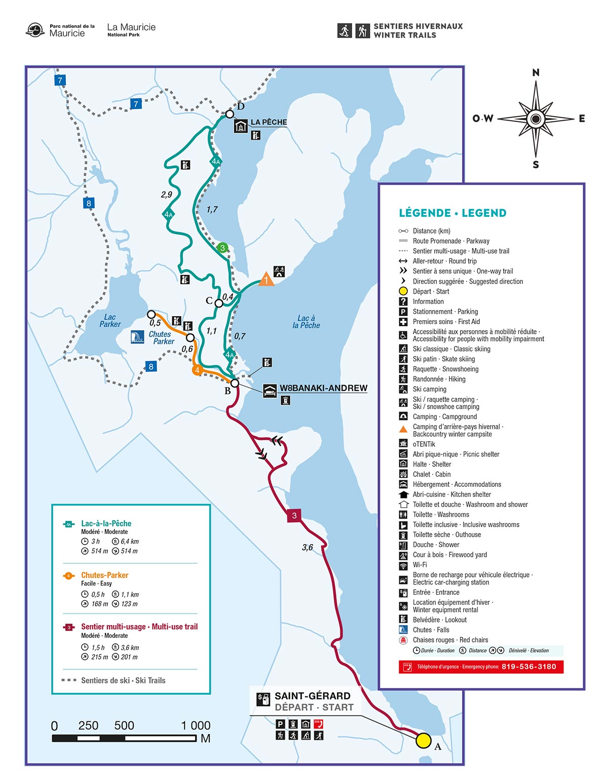 Carte des sentiers de raquette Lac-Parker et Lac-à-la-Pêche