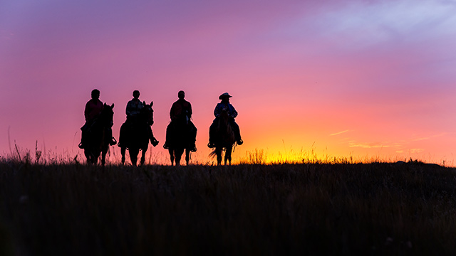 Silhouettes de visiteurs à cheval au coucher du soleil, sur le terrain de parcours libre panoramique du bloc Ouest, au parc national des Prairies.