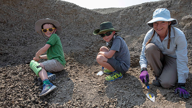 Two boys dig for fossils with the palaeontologist. 