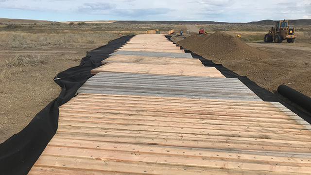 Wooden swamp mats placed on the ground leading to temporary bridge in Grasslands National Park. 