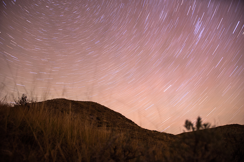 Circular star trails fill a mauve hued sky behind a silhouetted grassy hill.