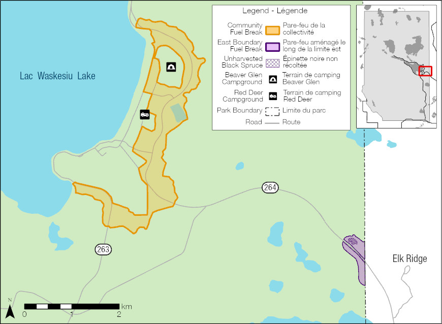 A map of fuel breaks in Prince Albert National Park. 
