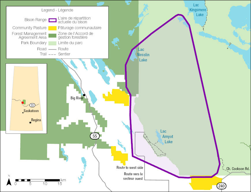 Carte de l’aire de répartition actuelle du bison des plaines dans le parc et les environs.